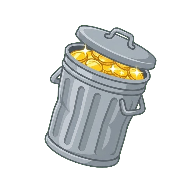 A grey trash can overflowing with sparkling gold coins